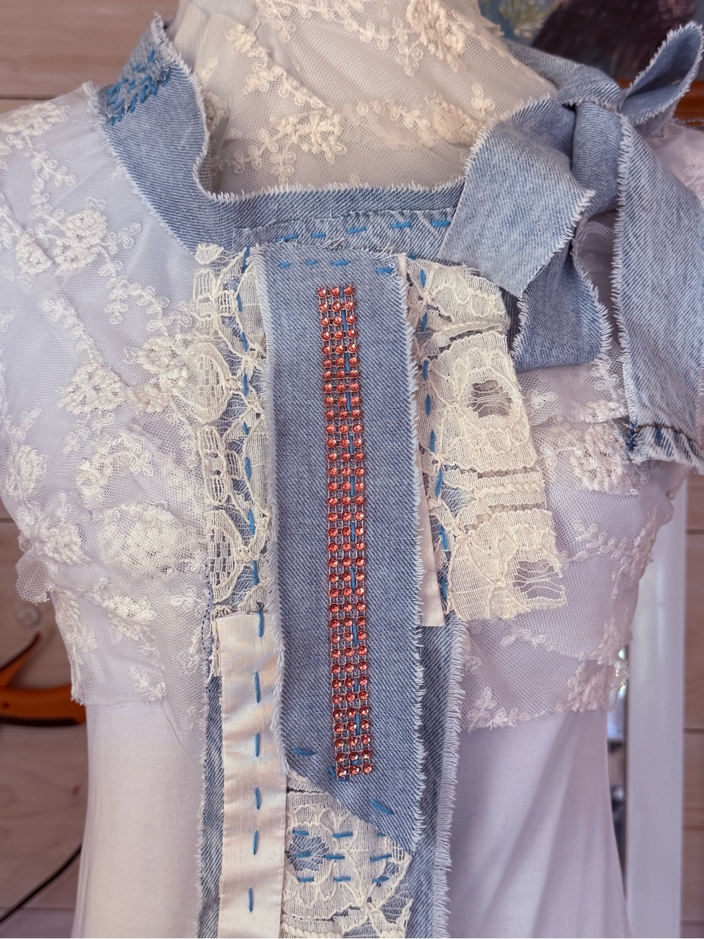Hand Crafted Necktie Scarf Jabot Upcycled Denim Vintage Lace Artisan OS - Picture 6 of 9